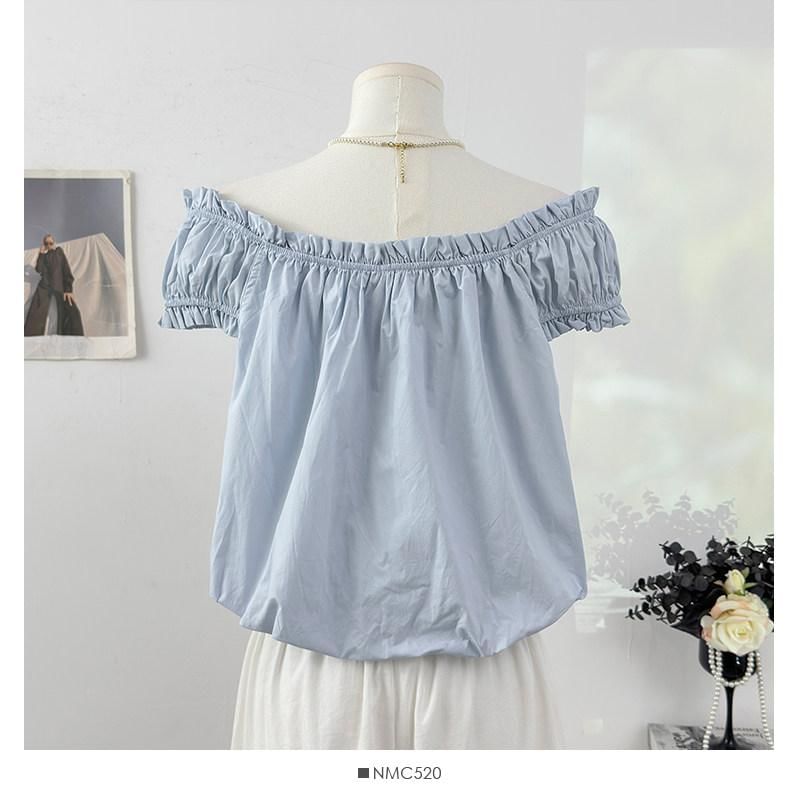 Off-Shoulder Frill Trim Bubble Hem Crop Blouse