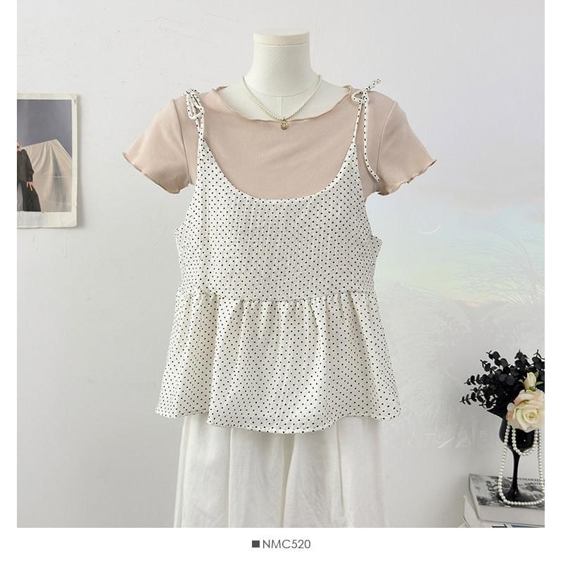 Crew Neck T-Shirt and Scoop Neck Micro Dot Camisole Set