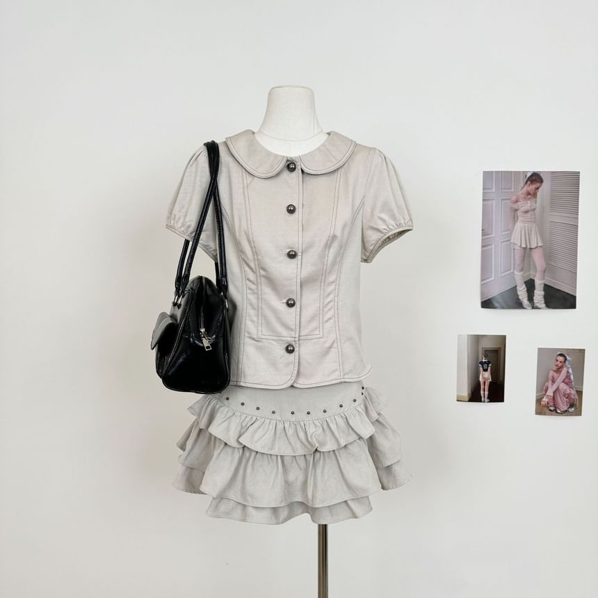 Short-Sleeve Collared Plain Crop Blouse / Mini Tiered Skort