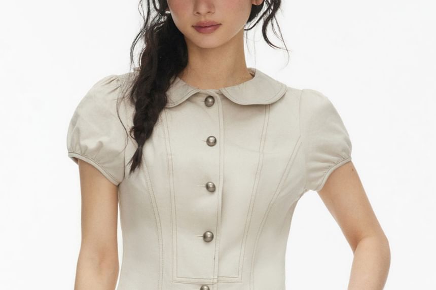 Short-Sleeve Collared Plain Crop Blouse / Mini Tiered Skort