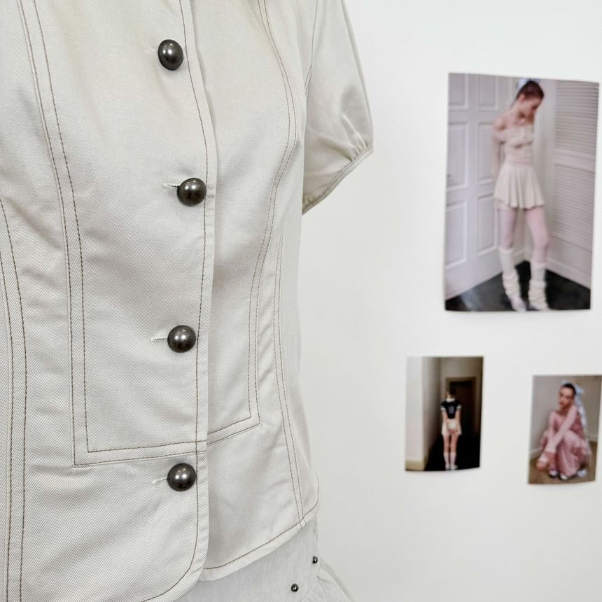 Short-Sleeve Collared Plain Crop Blouse / Mini Tiered Skort