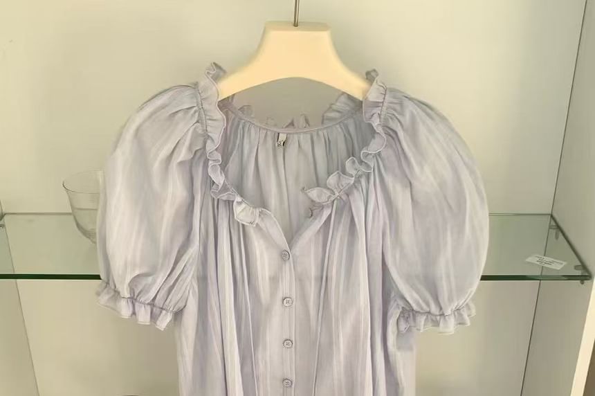 Short-Sleeve Frill Trim Button-Up Plain Blouse