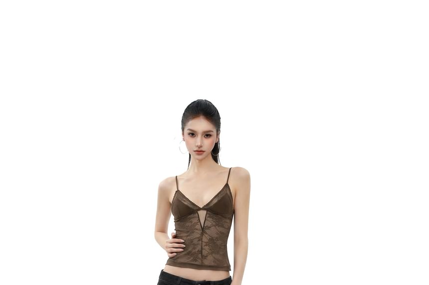 V-Neck Plain Panel Lace Camisole Top