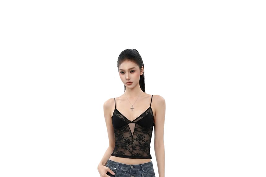 V-Neck Plain Panel Lace Camisole Top