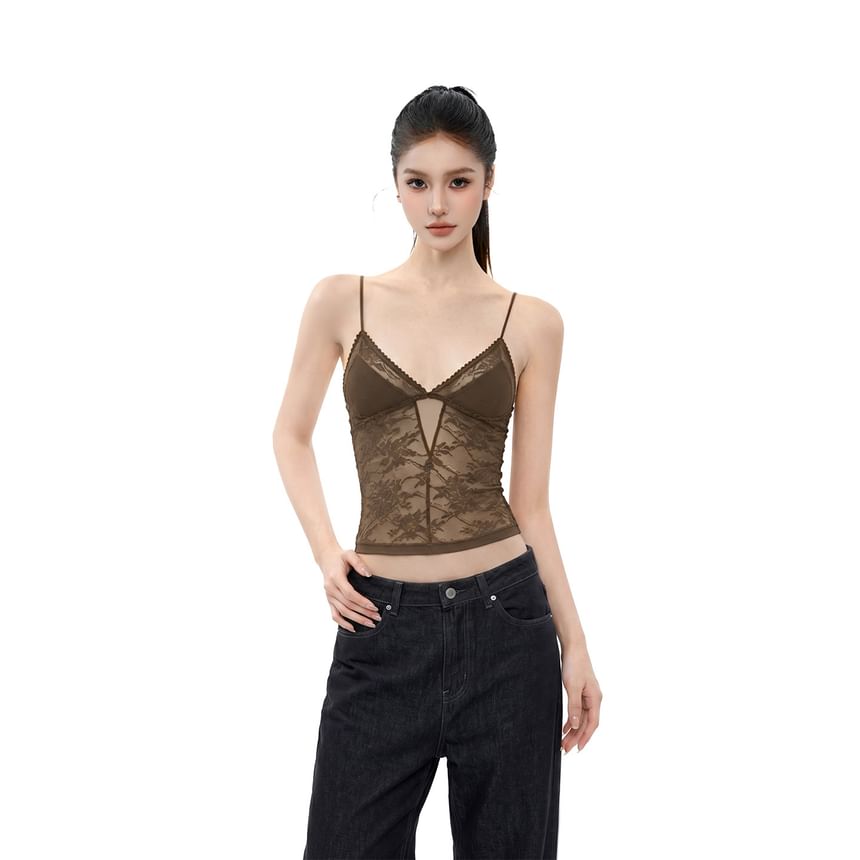 V-Neck Plain Panel Lace Camisole Top