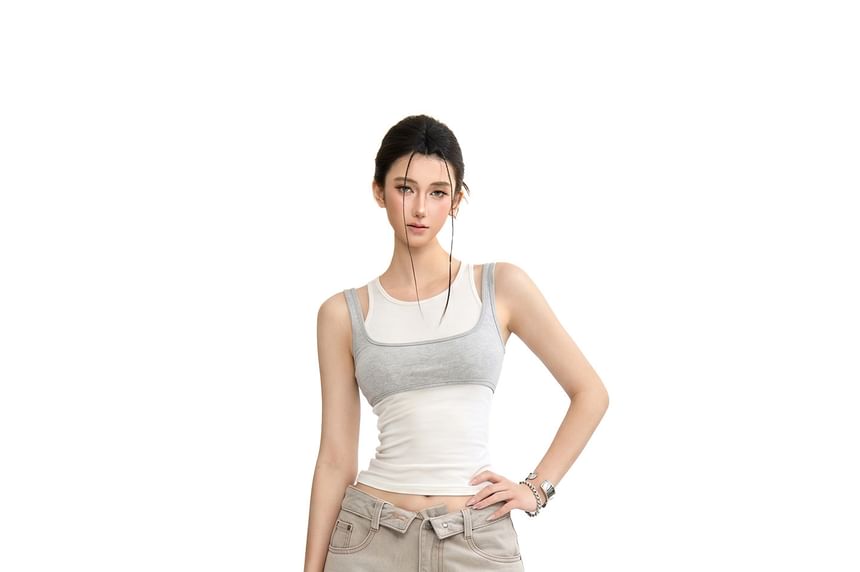 Set: Round Neck Plain Tank Top + Square Neck Crop Tank Top