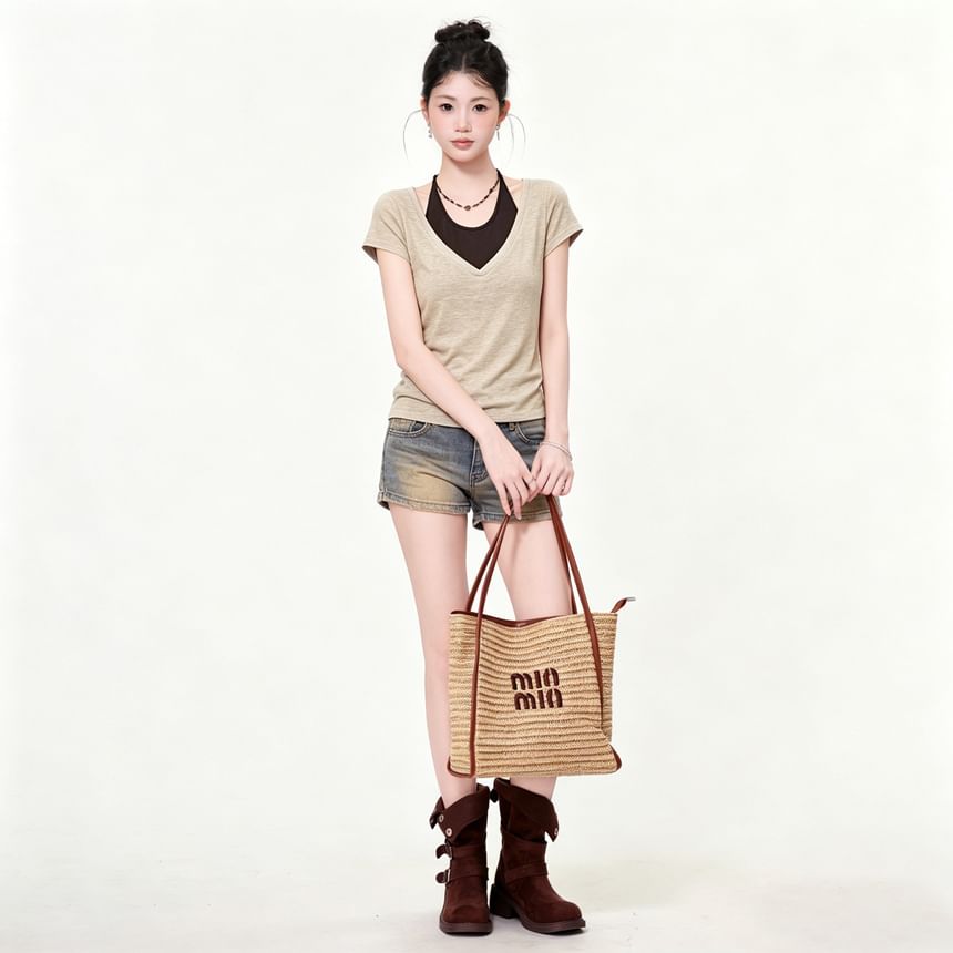 Set: Short Sleeve V-Neck Plain Slim-Fit T-Shirt + Halter Neck Tank Top
