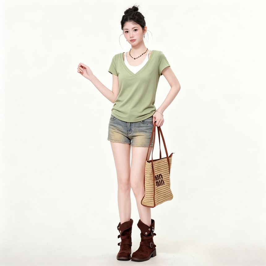 Set: Short Sleeve V-Neck Plain Slim-Fit T-Shirt + Halter Neck Tank Top