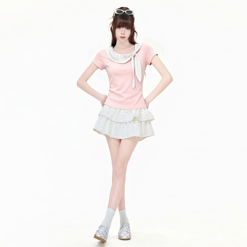 Short Sleeve Polka Dot Panel Knotted Slim-Fit T-Shirt