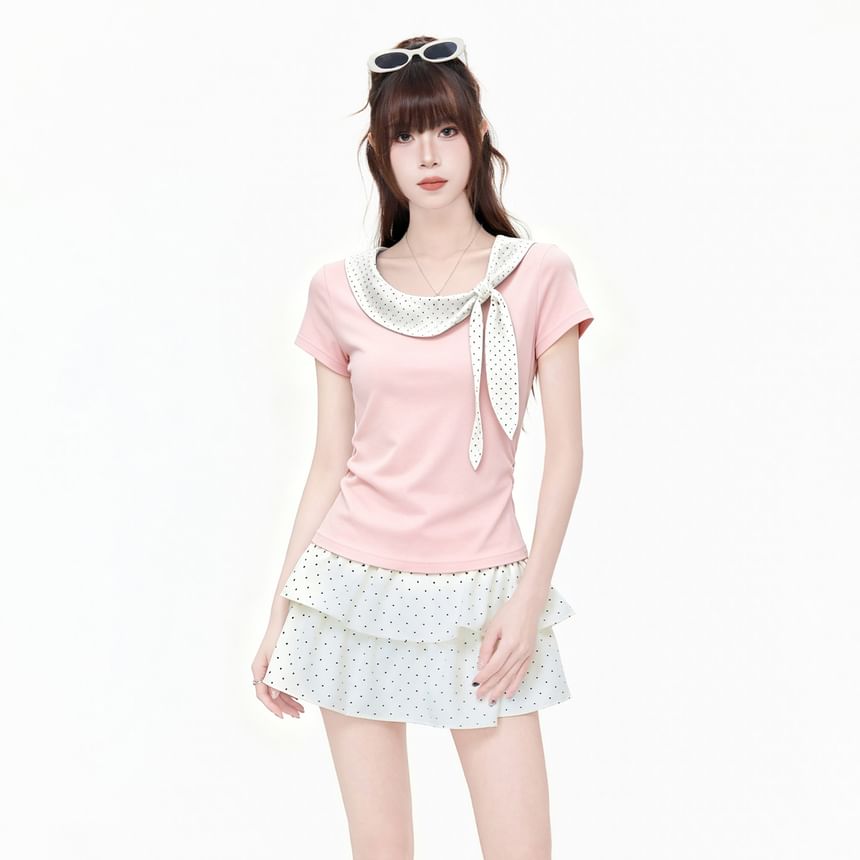 Short Sleeve Polka Dot Panel Knotted Slim-Fit T-Shirt