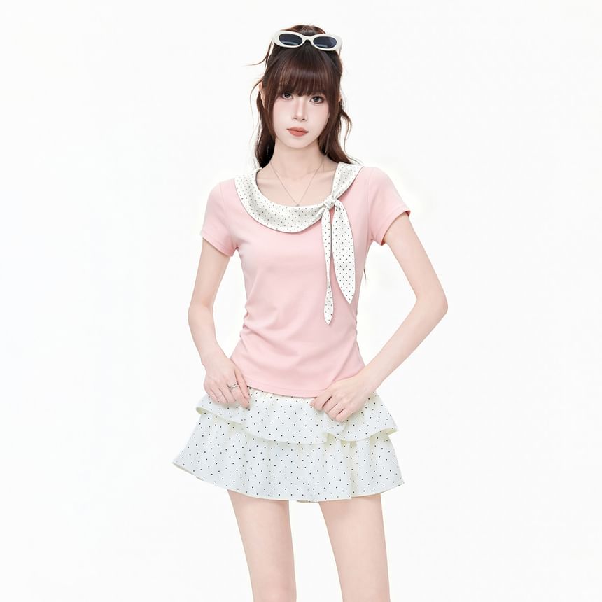 Short Sleeve Polka Dot Panel Knotted Slim-Fit T-Shirt