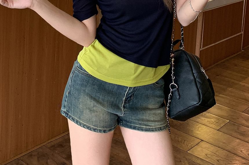 Short Sleeve Mock Two Piece Cold Shoulder Color-Block Slim-Fit T-Shirt
