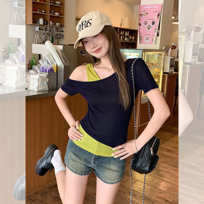 Short Sleeve Mock Two Piece Cold Shoulder Color-Block Slim-Fit T-Shirt