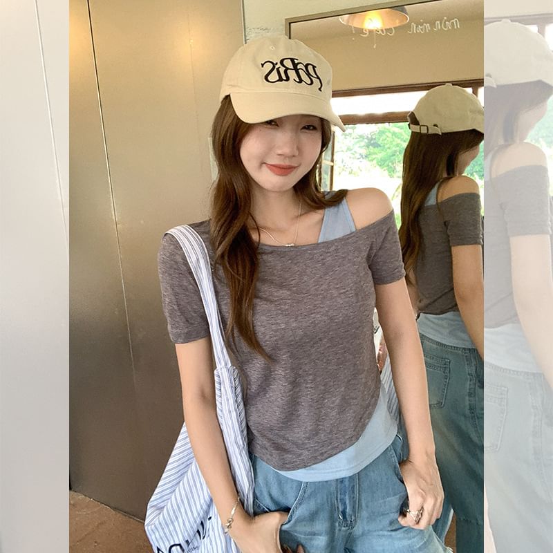 Short Sleeve Mock Two Piece Cold Shoulder Color-Block Slim-Fit T-Shirt