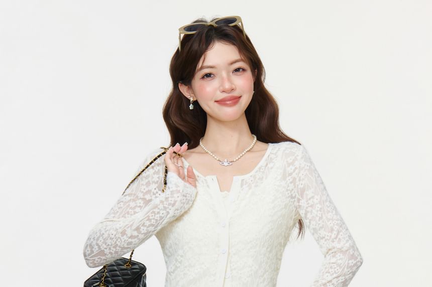 Long Sleeve Lace See-Through Light Cardigan / Plain Tank Top