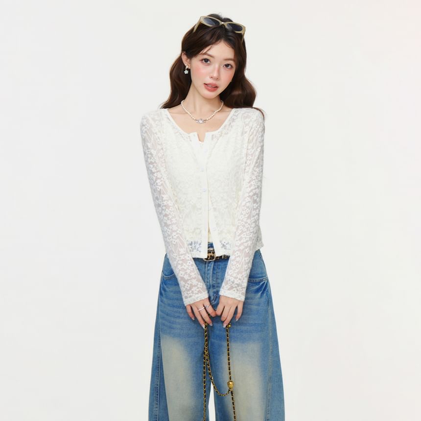 Long Sleeve Lace See-Through Light Cardigan / Plain Tank Top