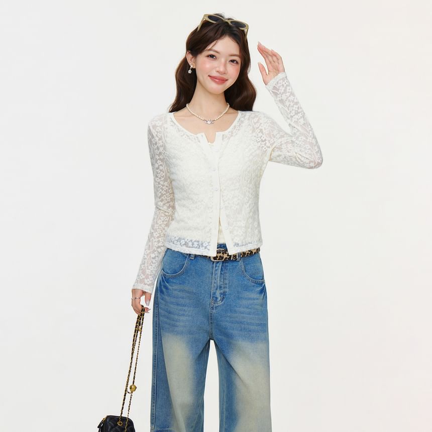 Long Sleeve Lace See-Through Light Cardigan / Plain Tank Top
