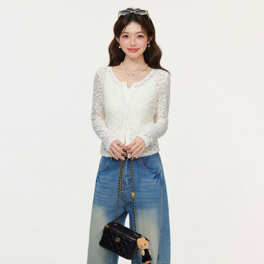 Long Sleeve Lace See-Through Light Cardigan / Plain Tank Top