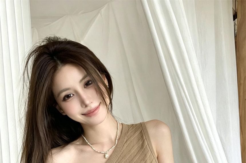 One-Shoulder Asymmetric Ribbed Knit Top, Sleeveless