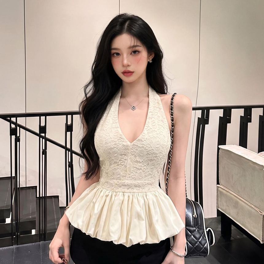 V-Neck Lace Panel Puff Top with Halter Neckline
