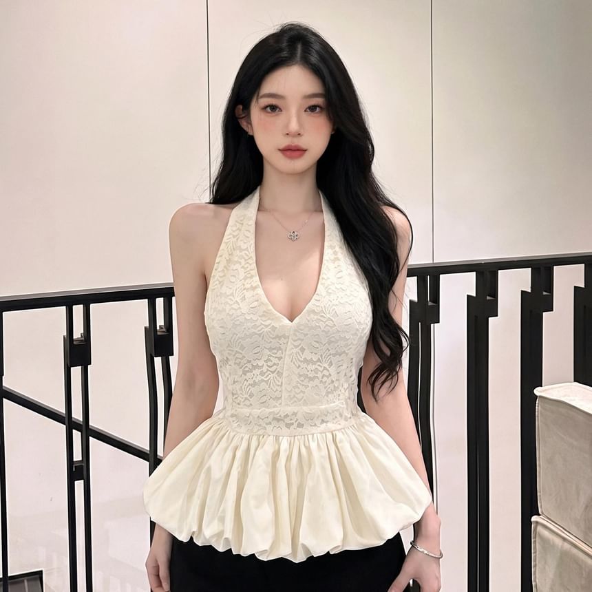 V-Neck Lace Panel Puff Top with Halter Neckline