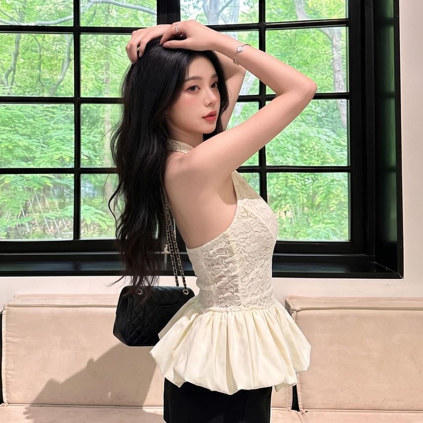 V-Neck Lace Panel Puff Top with Halter Neckline