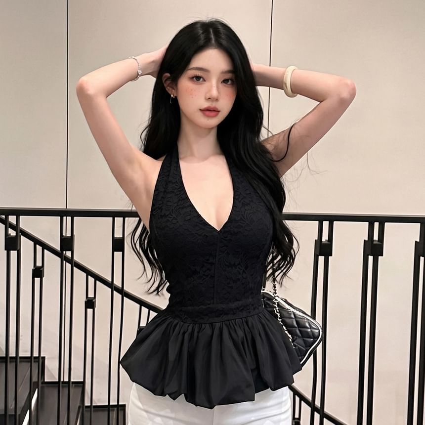 V-Neck Lace Panel Puff Top with Halter Neckline