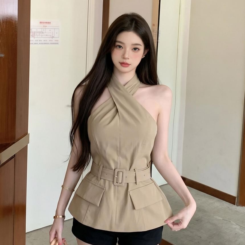 Solid Cross Tie Waist Halter Neck Top