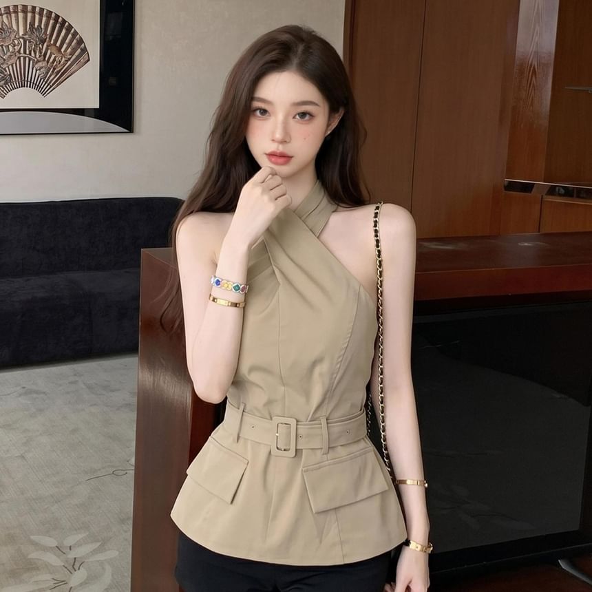 Solid Cross Tie Waist Halter Neck Top