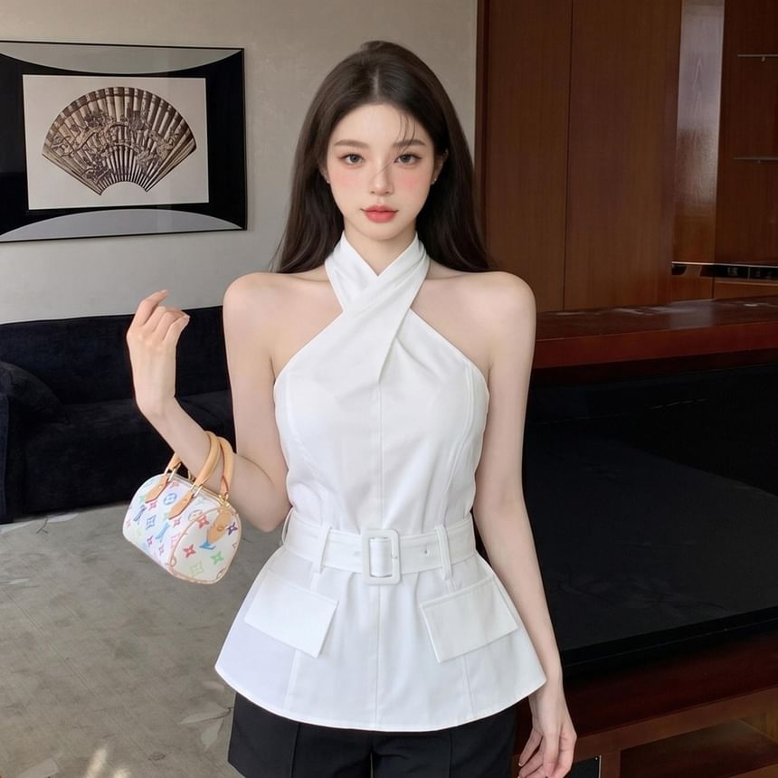 Solid Cross Tie Waist Halter Neck Top