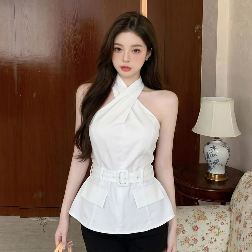 Solid Cross Tie Waist Halter Neck Top