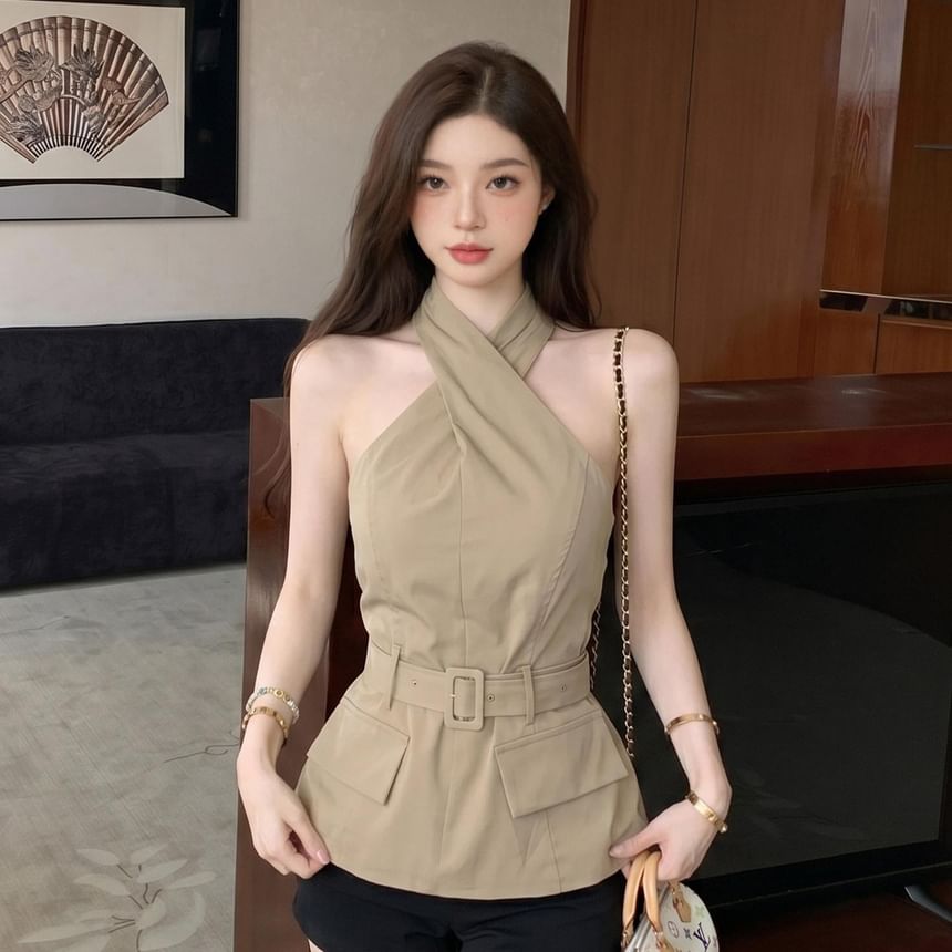 Solid Cross Tie Waist Halter Neck Top