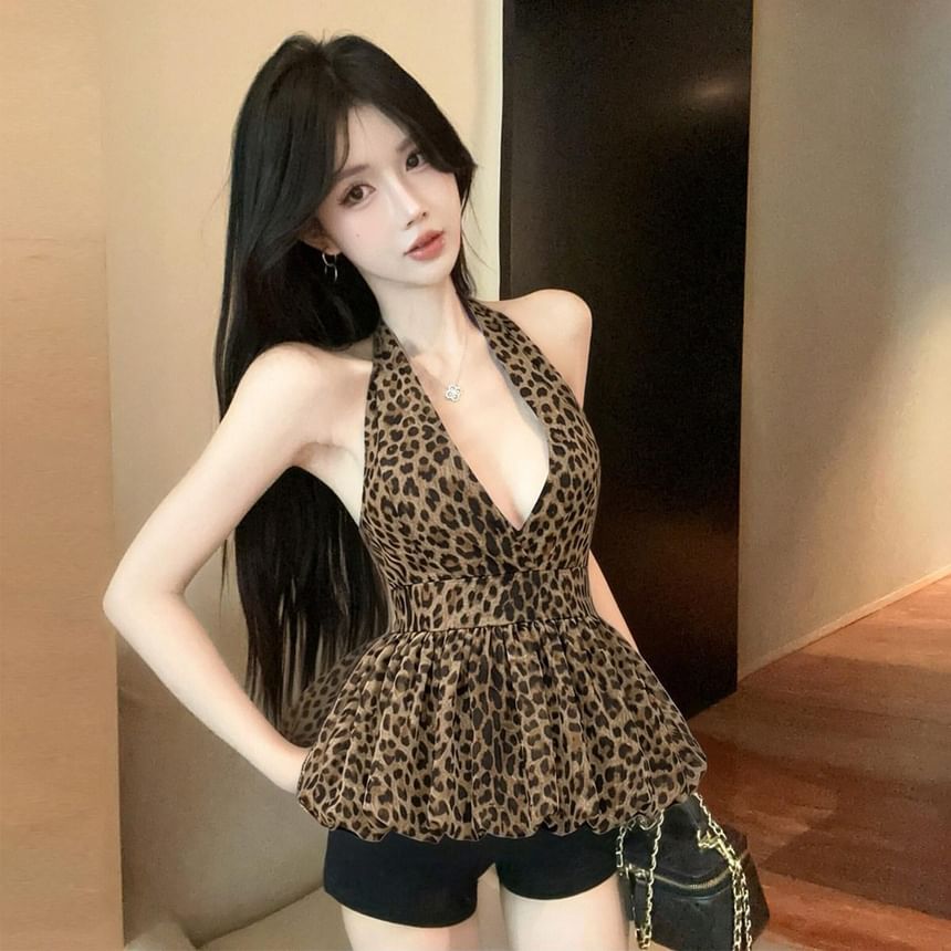 Leopard Print V-Neck Puff Top, Halter Style