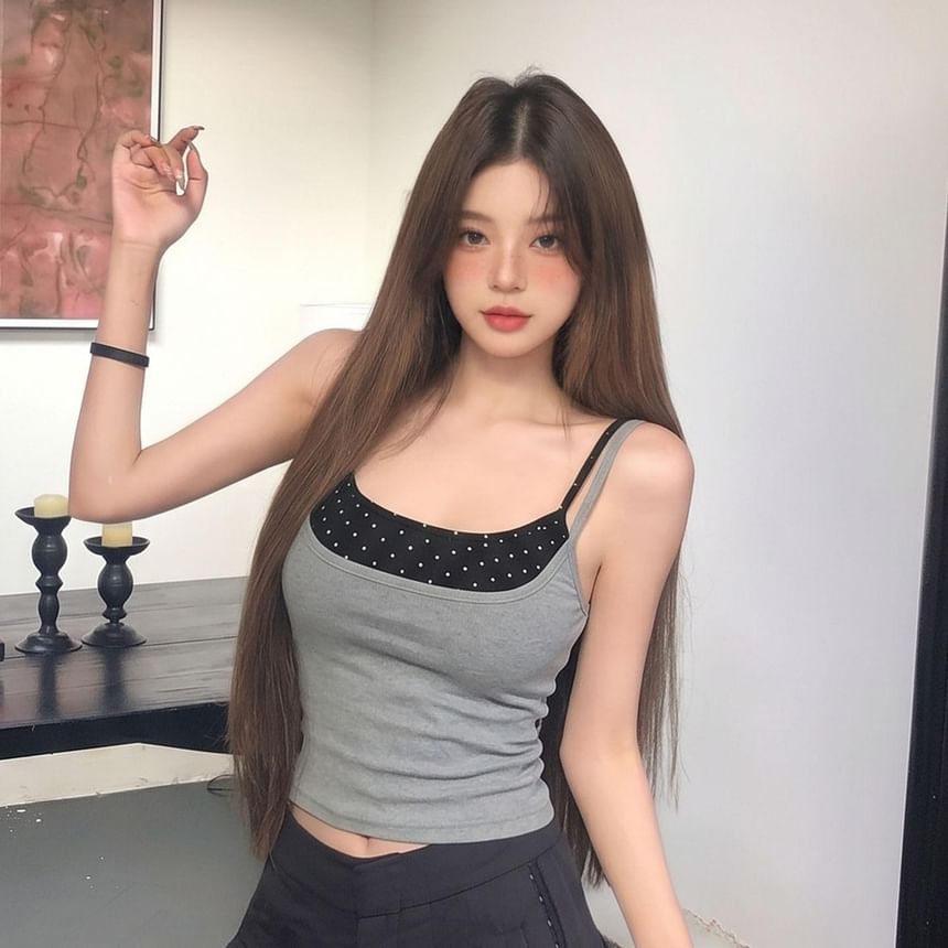 Square Neck Dotted Camisole with Spaghetti Straps