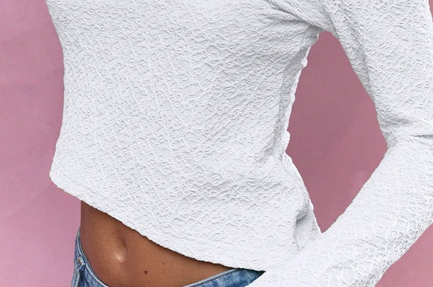 Long Sleeve Cold Shoulder Plain Textured Slim-Fit Crop Top