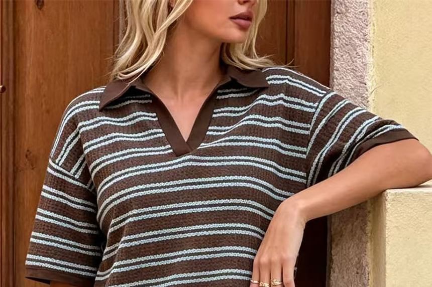 Set: Short Sleeve V-Neck Striped Polo Top + Low Waist Hot Pants