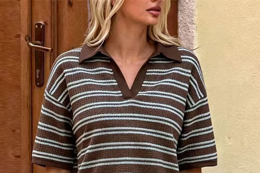 Set: Short Sleeve V-Neck Striped Polo Top + Low Waist Hot Pants