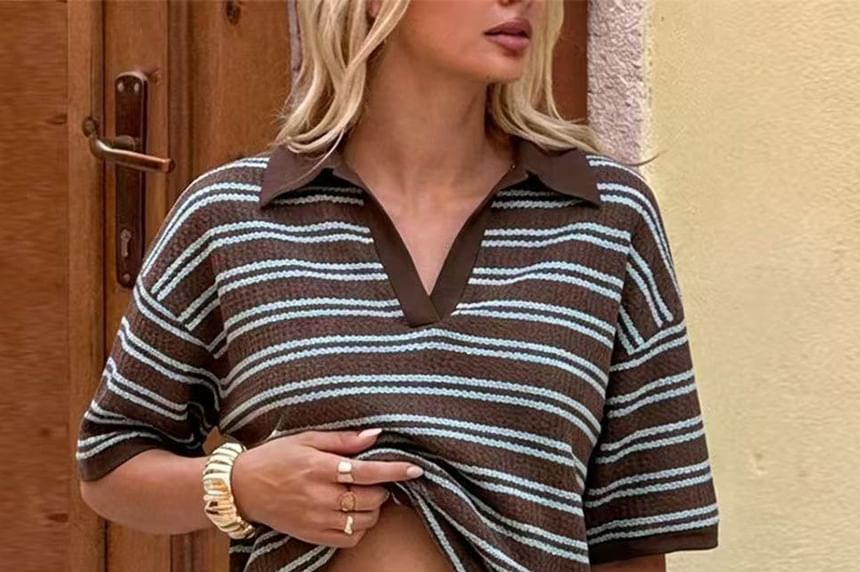 Set: Short Sleeve V-Neck Striped Polo Top + Low Waist Hot Pants