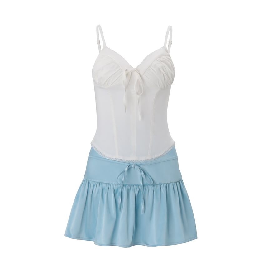 Set: V-Neck Lace-Trim Corset Camisole Top + High Waist Mini A-Line Skirt