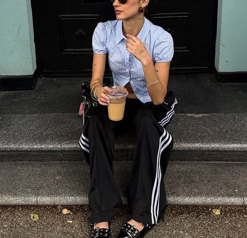 Puff Sleeve Striped Slim-Fit Crop Blouse