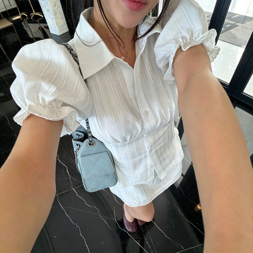Set: Puff Sleeve Plain Slim-Fit Blouse + Low Waist Mini A-Line Skirt