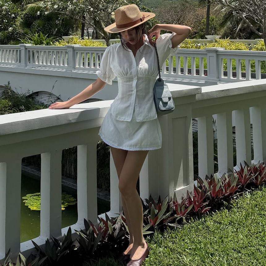 Set: Puff Sleeve Plain Slim-Fit Blouse + Low Waist Mini A-Line Skirt