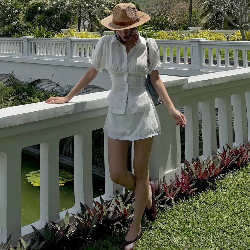 Set: Puff Sleeve Plain Slim-Fit Blouse + Low Waist Mini A-Line Skirt