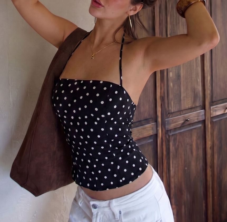 Halter Neck Polka Dot Slim-Fit Crop Camisole Top
