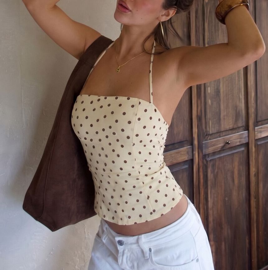Halter Neck Polka Dot Slim-Fit Crop Camisole Top