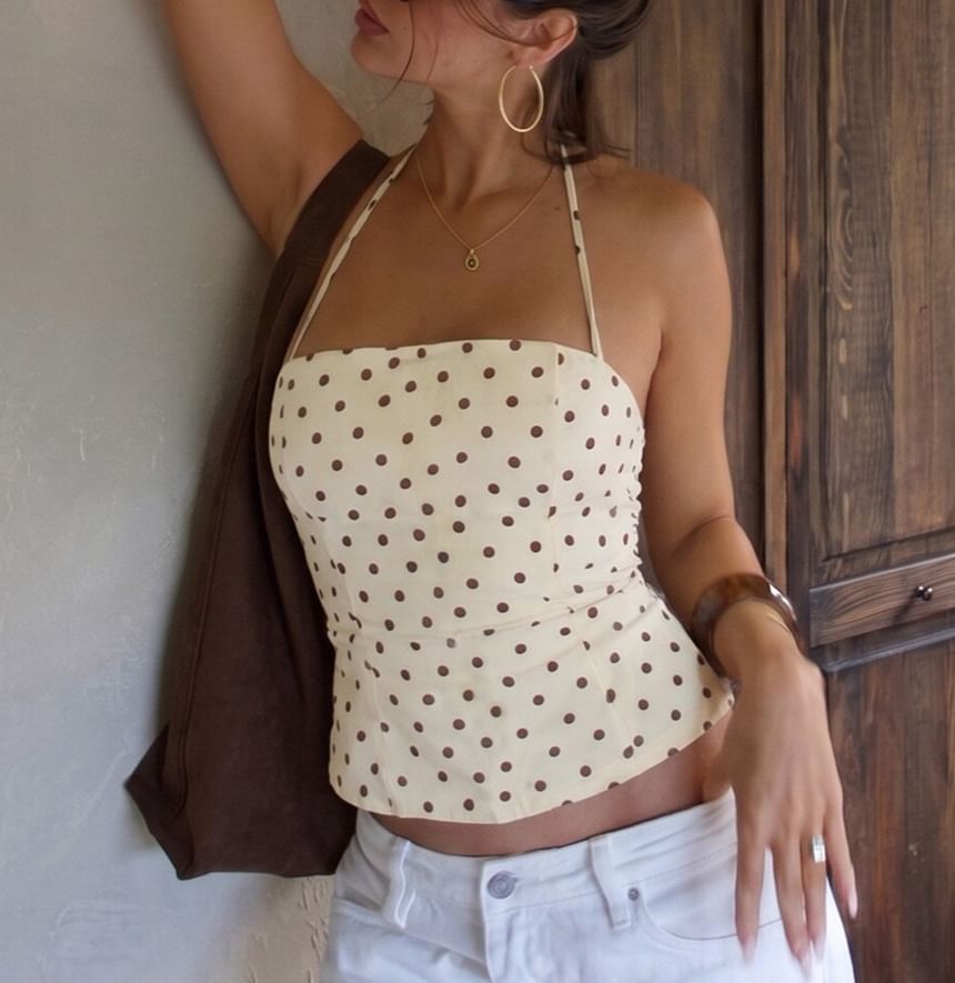 Halter Neck Polka Dot Slim-Fit Crop Camisole Top
