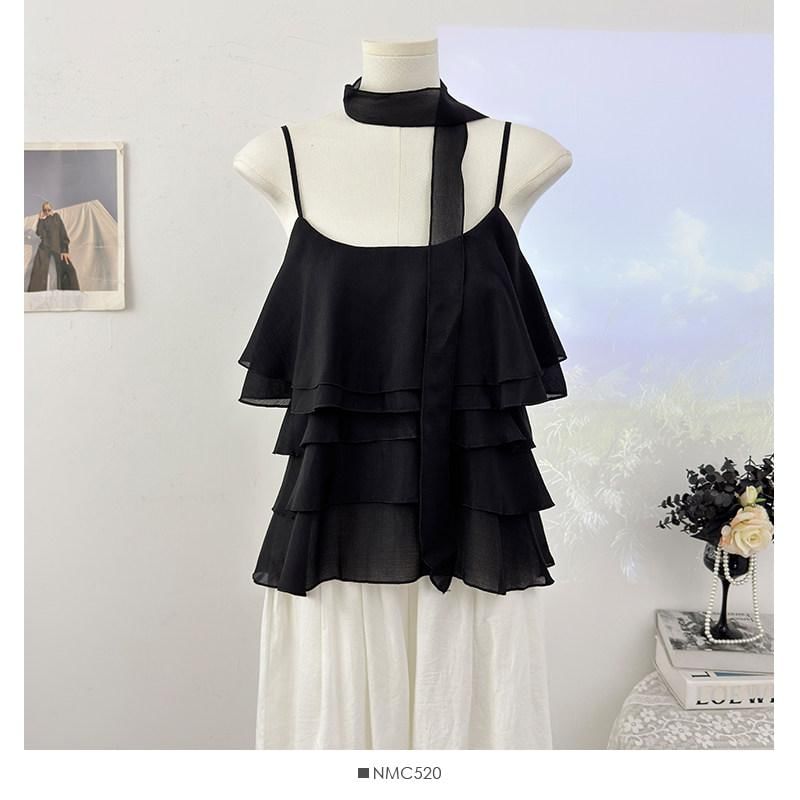 Scoop Neck Ruffle Plain Camisole Top