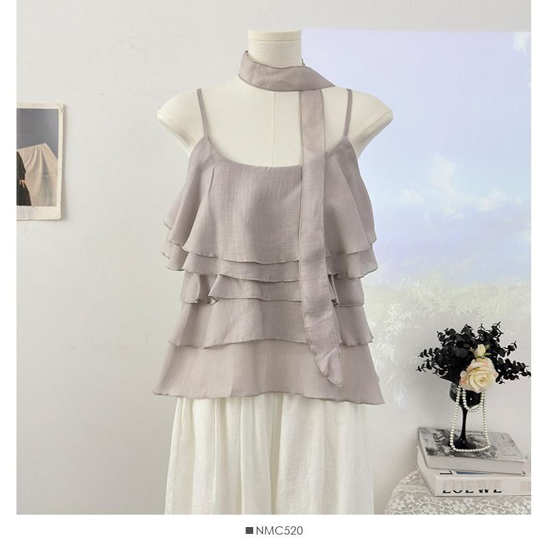 Scoop Neck Ruffle Plain Camisole Top