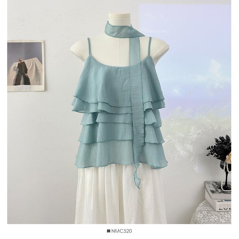 Scoop Neck Ruffle Plain Camisole Top