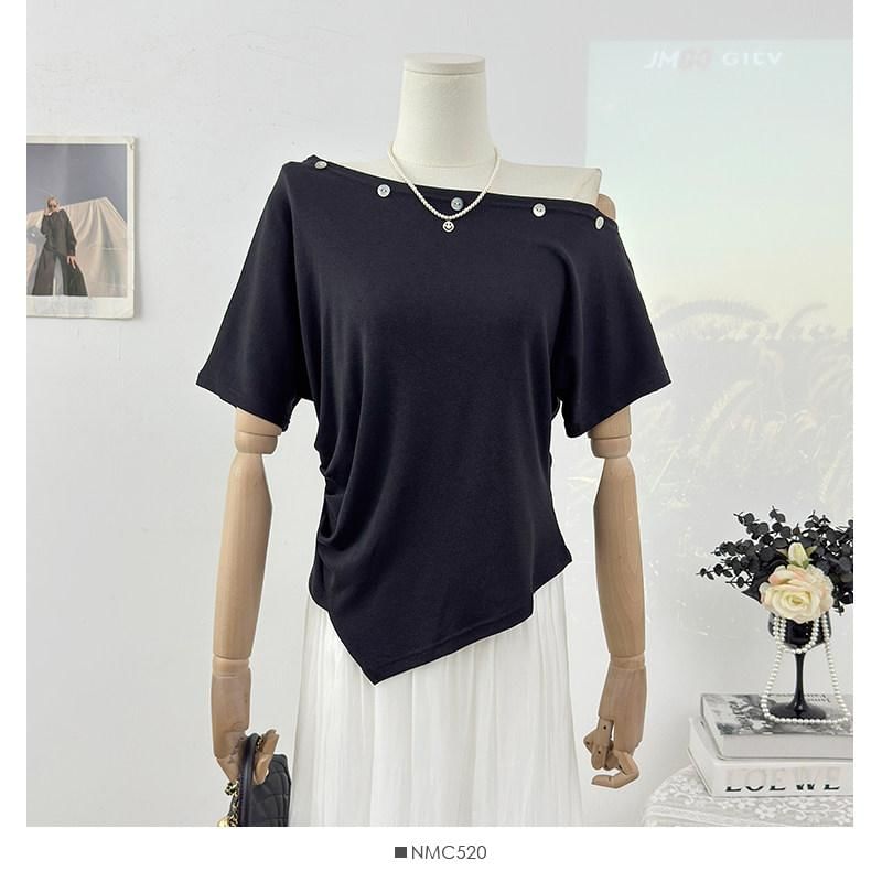 Short-Sleeve Off Shoulder Embellished Asymmetrical Plain T-Shirt